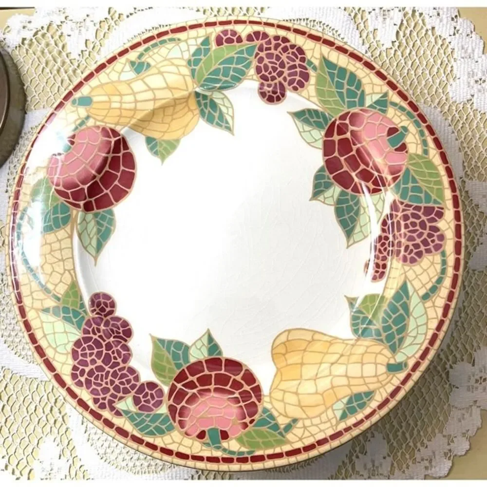 Pier 1 Fruit Mosaic Pattern Earthenware Dinner Plates Set Of 8 bold SEE PHOTOS